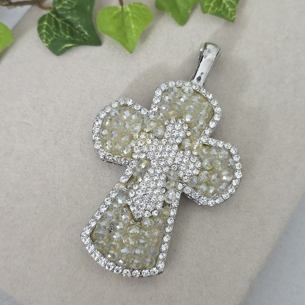 Statement Silver with Clear Glass Beads and Rhinestone Accent Cross Pendant